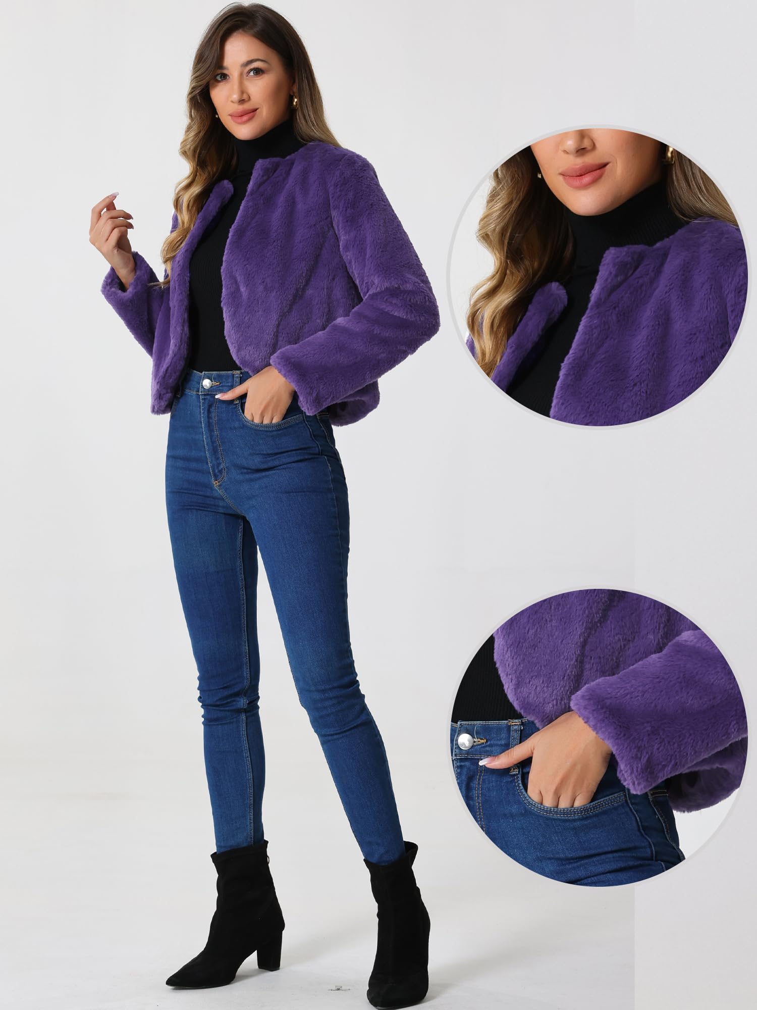 Allegra K Boléro de mariage pour femme - Veste en fausse fourrure ouverte sur le devant, violet, Taille L