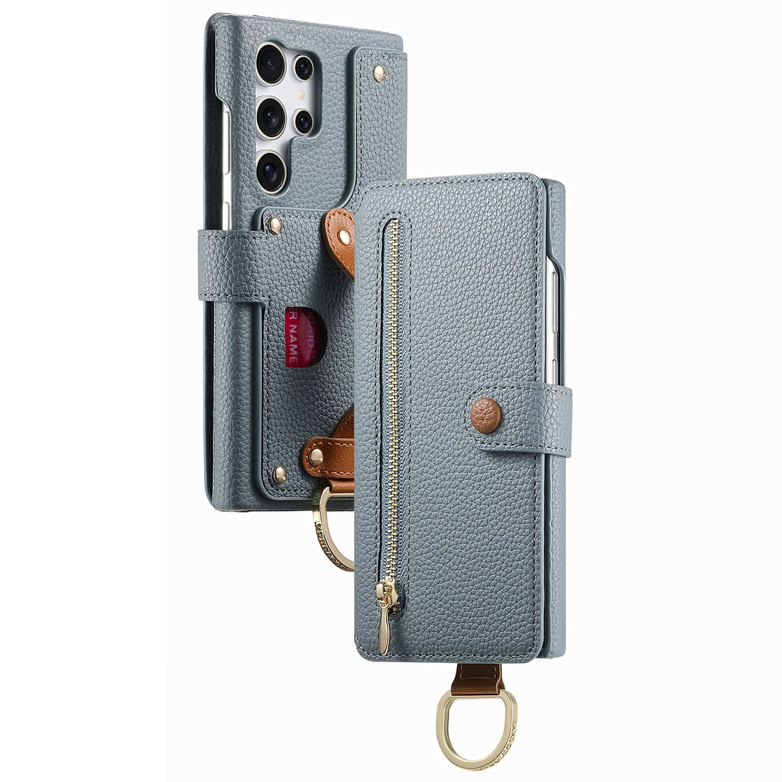 Etui z paskiem na nadgarstek do Samsung Galaxy S26 Ultra/S26+/S26, brokatowy portfel z fakturą liczi, etui z klapką i stojakiem ochrona RFID, niebieski, S26+