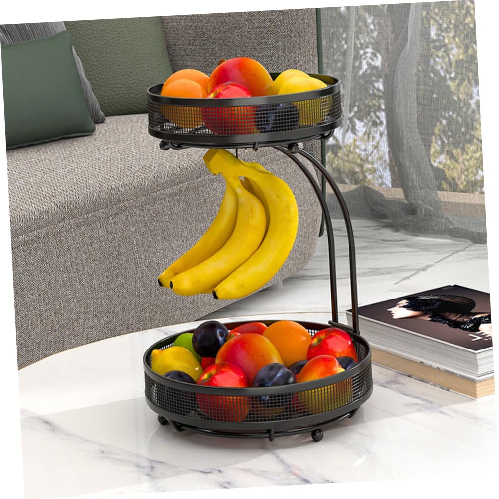 Beaupretty 2-stöckiger Obstkorb aus Eisen mit Großem Fassungsvermögen und Bananenaufhänger Schwarzer Küchenkorb für Desktop Lagerung von Gemüse und Snacks