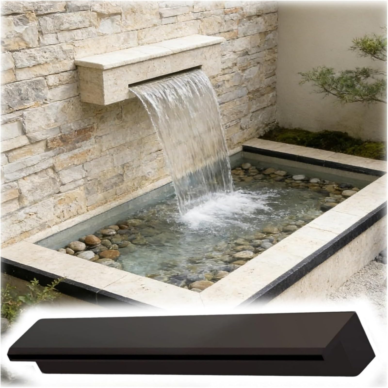 Wall Mounted Outdoor Waterfall Spillway, Stainless Steel Pond Fountain Spillway for Garden Pool, Water Feature Cascade Overflow Weir (black,120cm/3.9ft)
