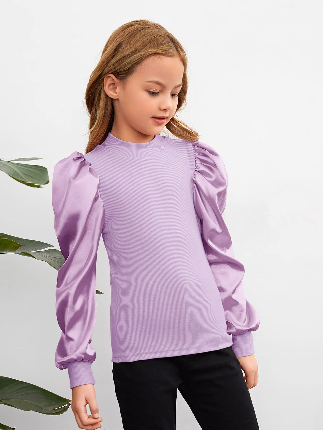 Floerns Camiseta de punto acanalado de manga larga abombada y cuello redondo para niñas