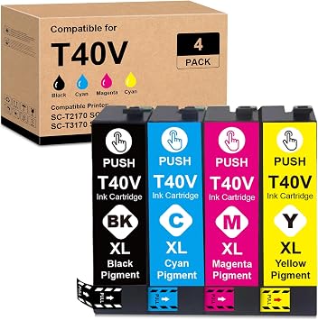 Remanufactured T40V Ink Cartridge Replacement for T40V1 T40V2 T40V3 T40V4 Pigment Ink for SC-T2170 SC-T3170 SC-T3170M SC-T5170 SC-T5170M 4 Pack,BK/C/M/Y
