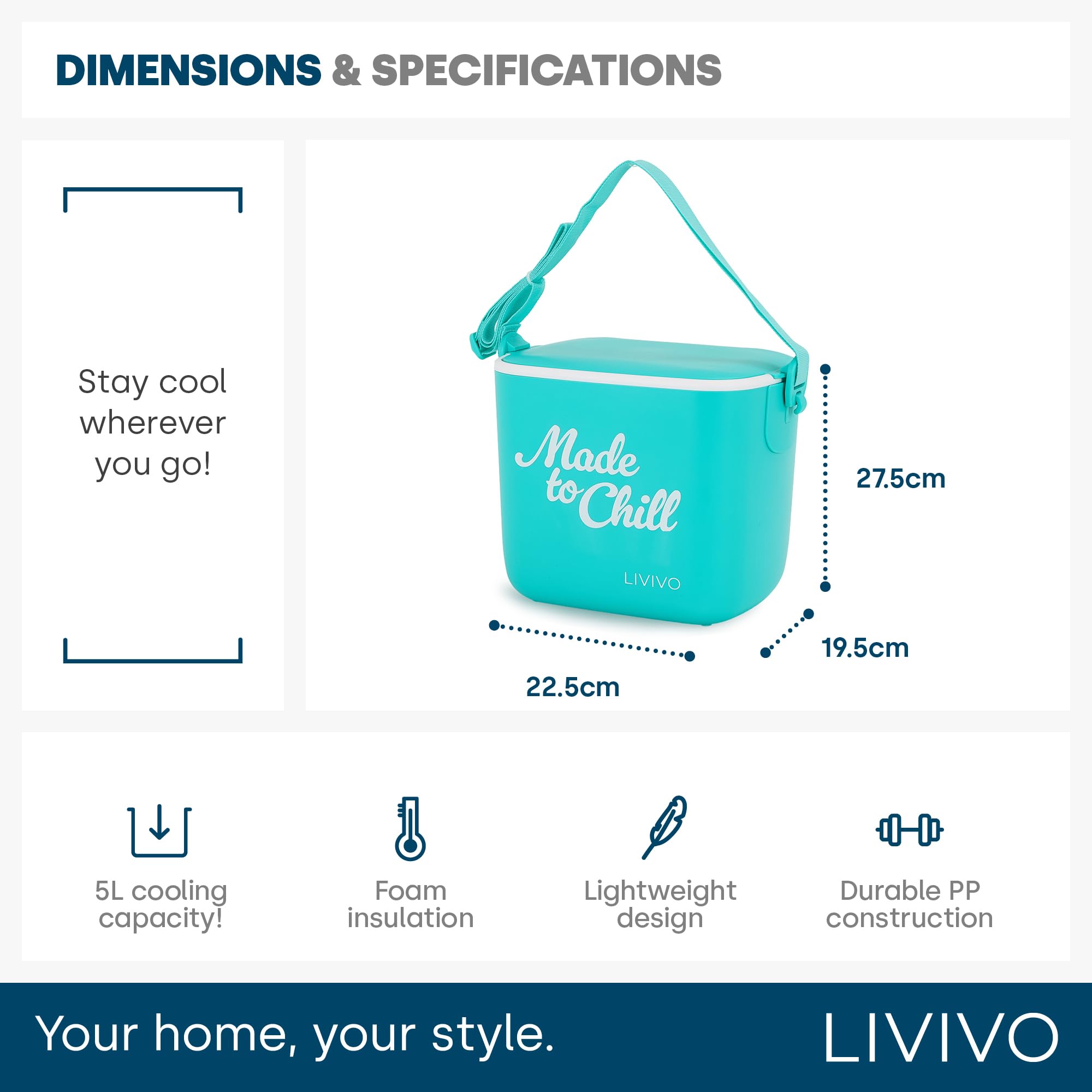 LIVIVO Made to Chill 5L Cool Box – Summer Cooler Box, Small Portable Insulated Ice Box with Strap, Lightweight Hard Cooler for Picnic, Beach, Camping & Travel — view 8
