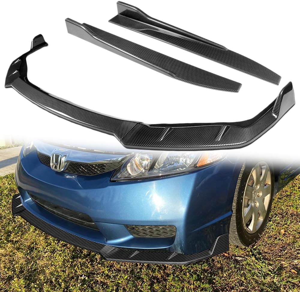 Q1-TECH, 5-Piece Front Bumper Lip + Side Skirt Rocker Winglet Canard Diffuser Wing Compatible with Honda Civic 4DR / Sedan (2009 2010 2011), Front Lip Spoiler Body Splitter ABS (Painted Black)