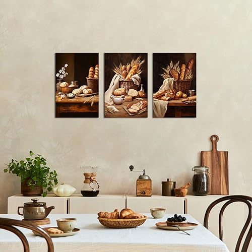 Miniatura 3 de iHAPPYWALL 3 piezas de lienzo de cocina y comida, arte de pared, pan rústico, naturaleza muerta, obras de arte para panadería, comedor, decoración
