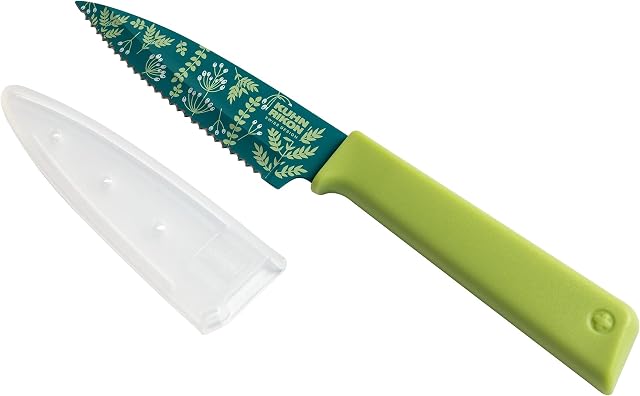 KUHN RIKON 22767 Colori+ Non-Stick Serrated Paring Knife with Safety Sheath, 19 cm, Herb