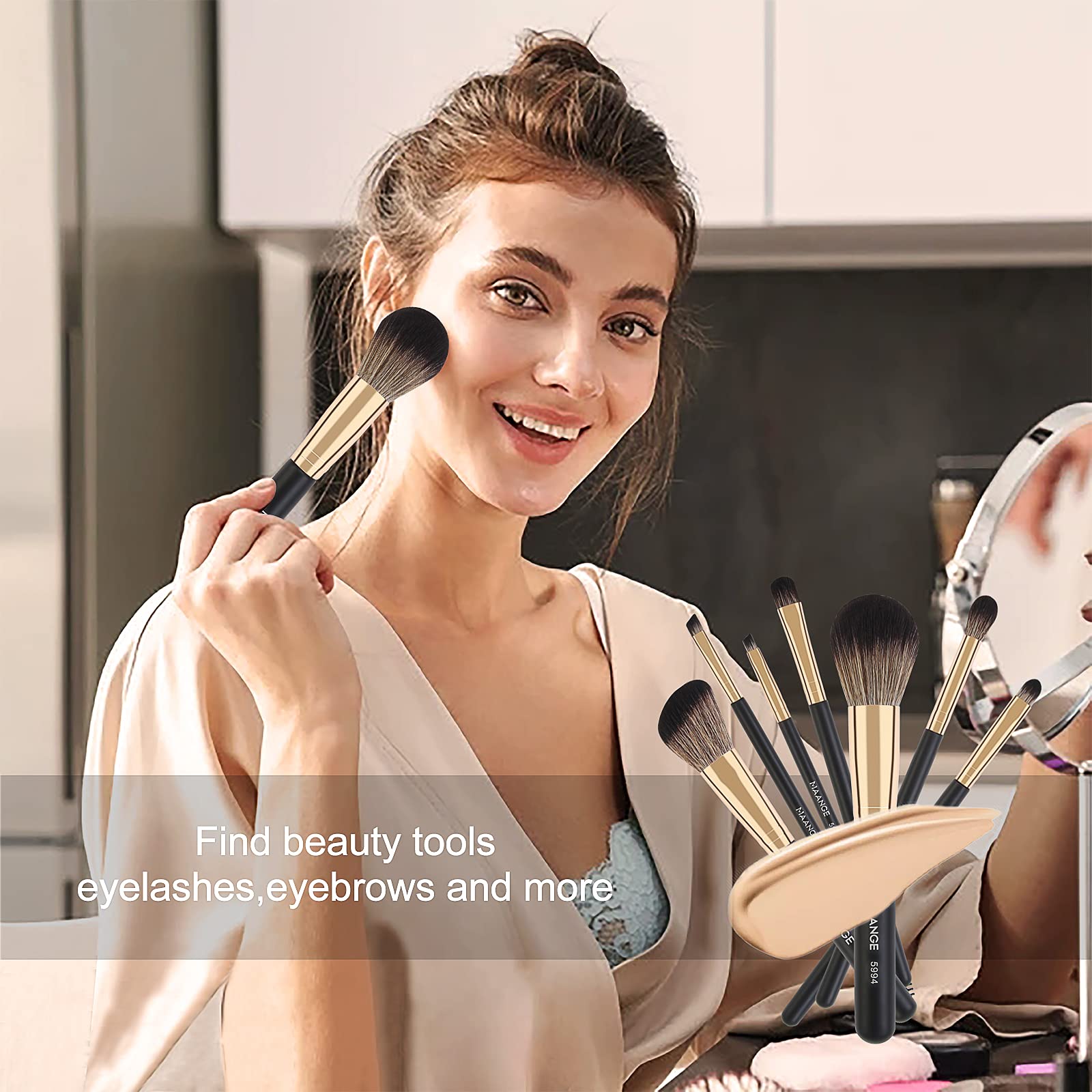 MAANGE 10 pennelli da trucco professionali da viaggio con custodia, fondotinta, Kabuki, fard, ombretto, con spugna per trucco e detergente per pennelli (nero)