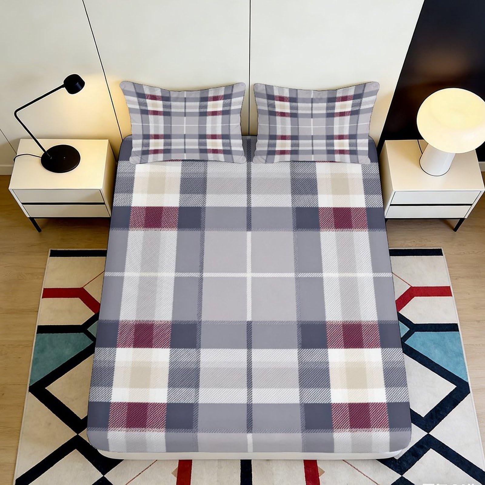 3D Printed Grey Plaid Fitted Sheet Microfiber Soft Breathable Burgundy Check Bed Cover for Bedroom Dormitory Guest Room Mattress Protection Decor 120x200x25cm