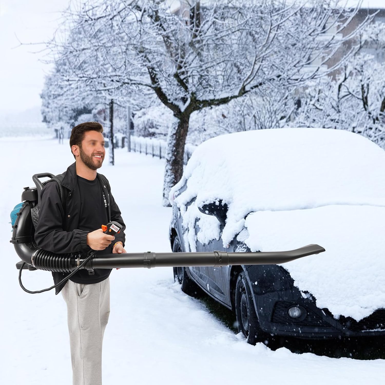 User operating the backpack leaf blower to clear snow from a car