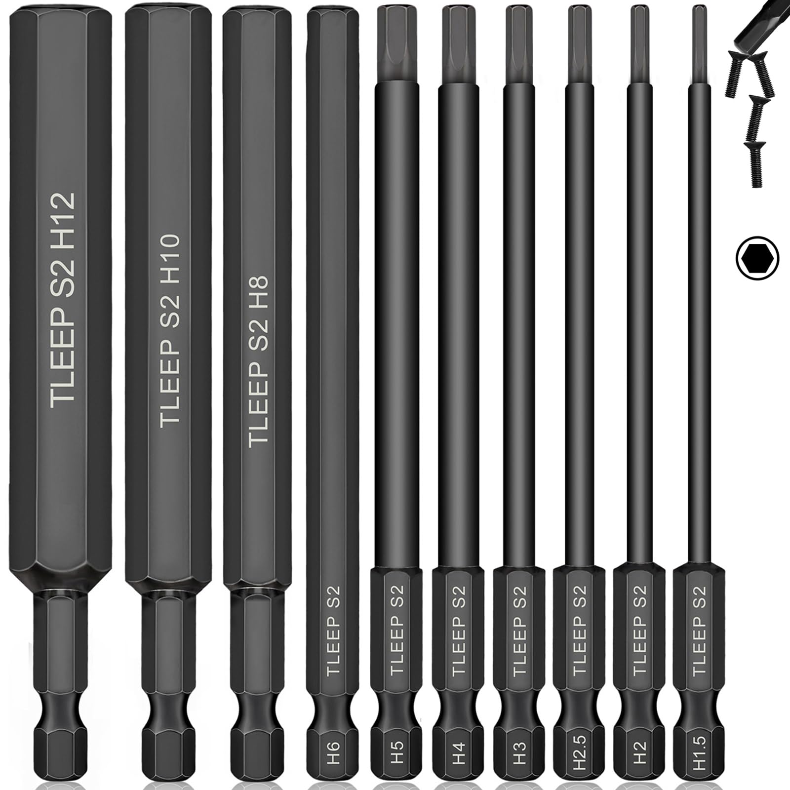 TLEEP 10 x Long 100MM 1/4 Inch Hex Head Allen Wrench Drill Bits, Big 12mm to Small 1.5mm, Metric, S2 Steel Magnetic Tips Screwdriver Socket Bit Set for Ikea Type Furniture, Black