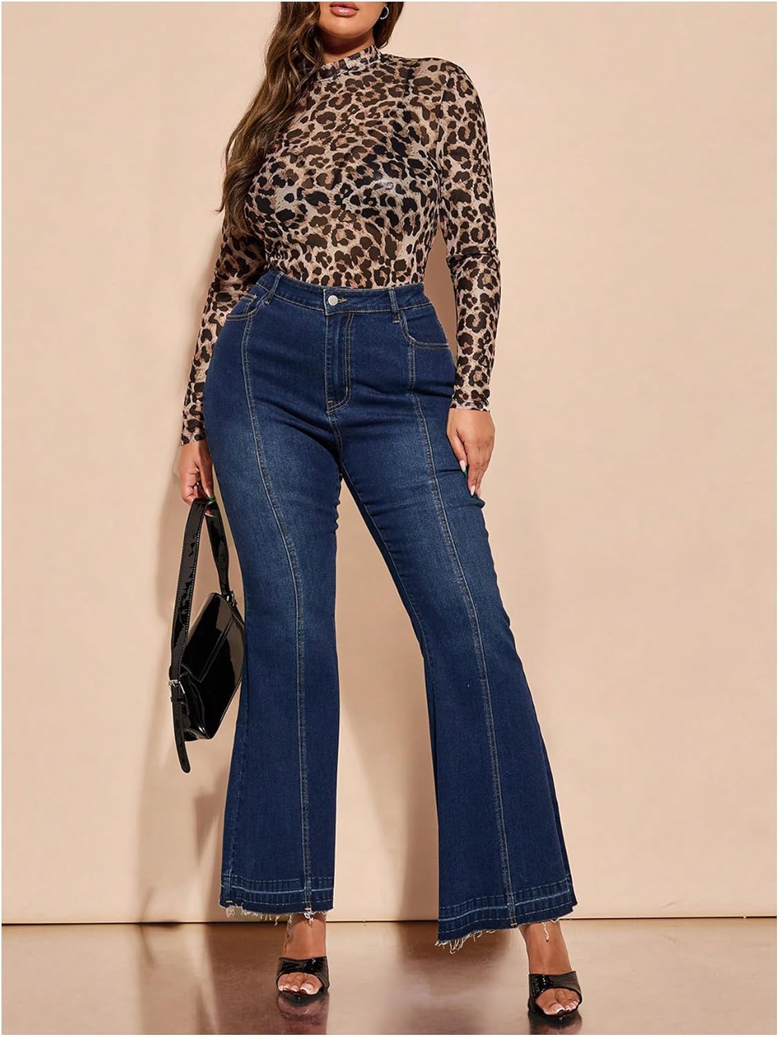 WDIRARA Women's Plus Size Leopard Print Mesh See Through Top Mock Neck Long Sleeve Fitted Tee Shirts - Image 5