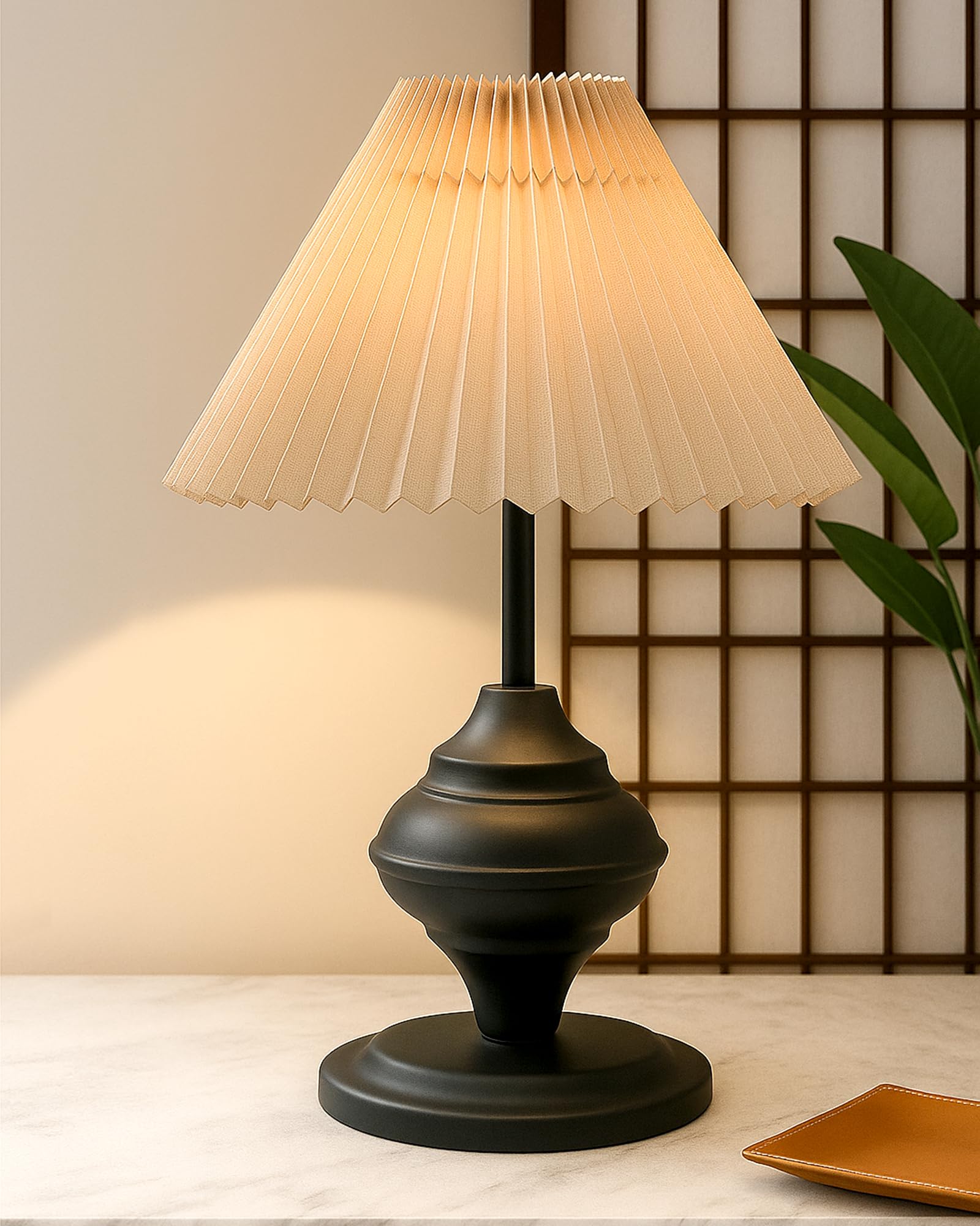 Homesake ® Black Metal Incandescent Table Lamp,for Living Room,Modern Bedside Light with Pleated Shade,Decorative Night Lamp for Bedroom,Study,Office,Home Decor Lighting,E27 Holder,(Plated Off-White)