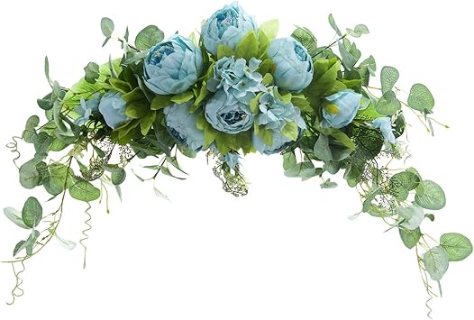 24 Inch Artificial Peony Flower Swag Wreath Handmade Simulation Peony Floral Wreath with Green Leaves Spring Summer Garland for Door Window Wedding Ceremony Wall Party Home DecorBlue