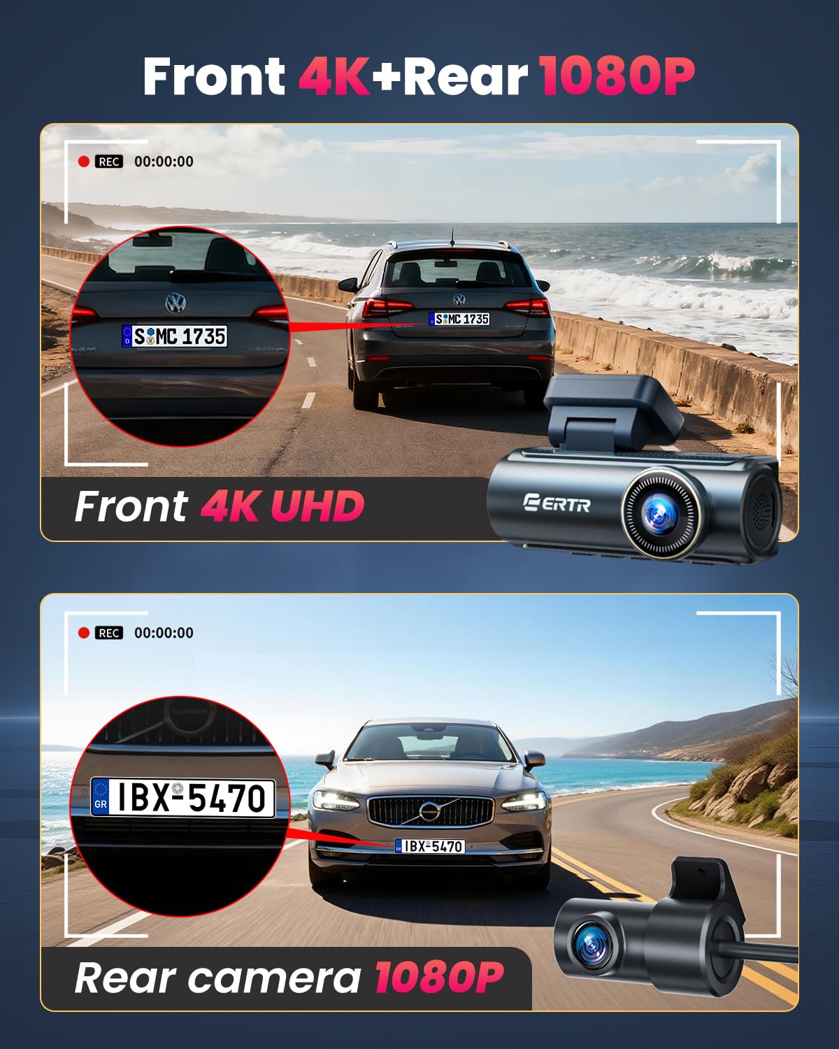4K Dash Cam Vorne und Hinten, 5GHz WLAN Dashcam mit 64GB SD-Karte, Dual Car Dash Camera, Full HD Dash Cam mit APP-Steuerung, G-Sensor, WDR, USB, Loop Recording Einfache Einrichtung