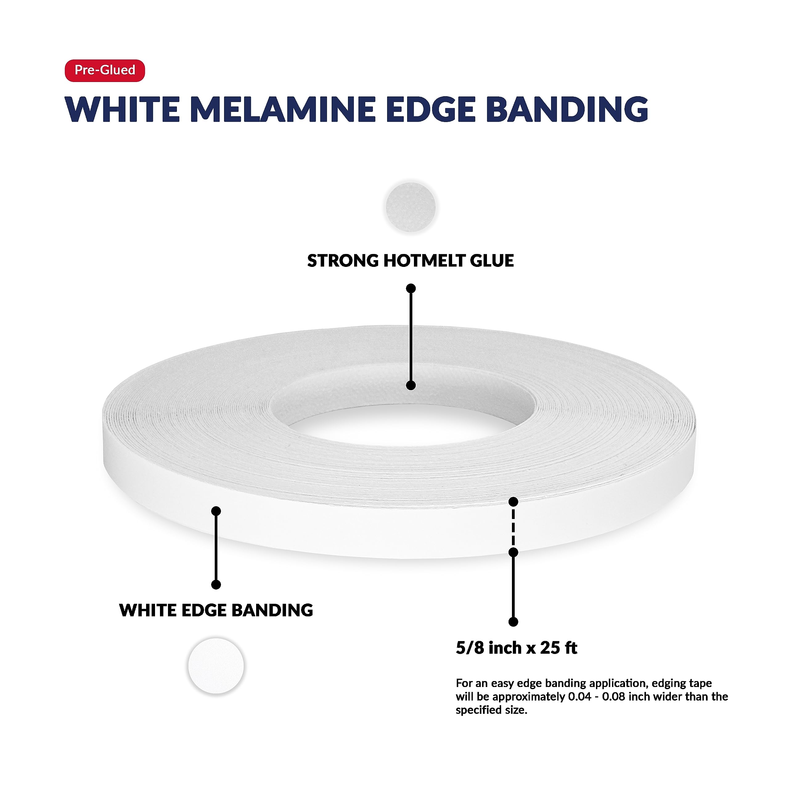 Cinta de borde de melamina blanca de 15 mm x 7,5 m adhesiva preencolada para reparación de gabinetes de cocina, encimeras, estantes, mesas, puertas, armarios, madera contrachapada, formica, aglomerado