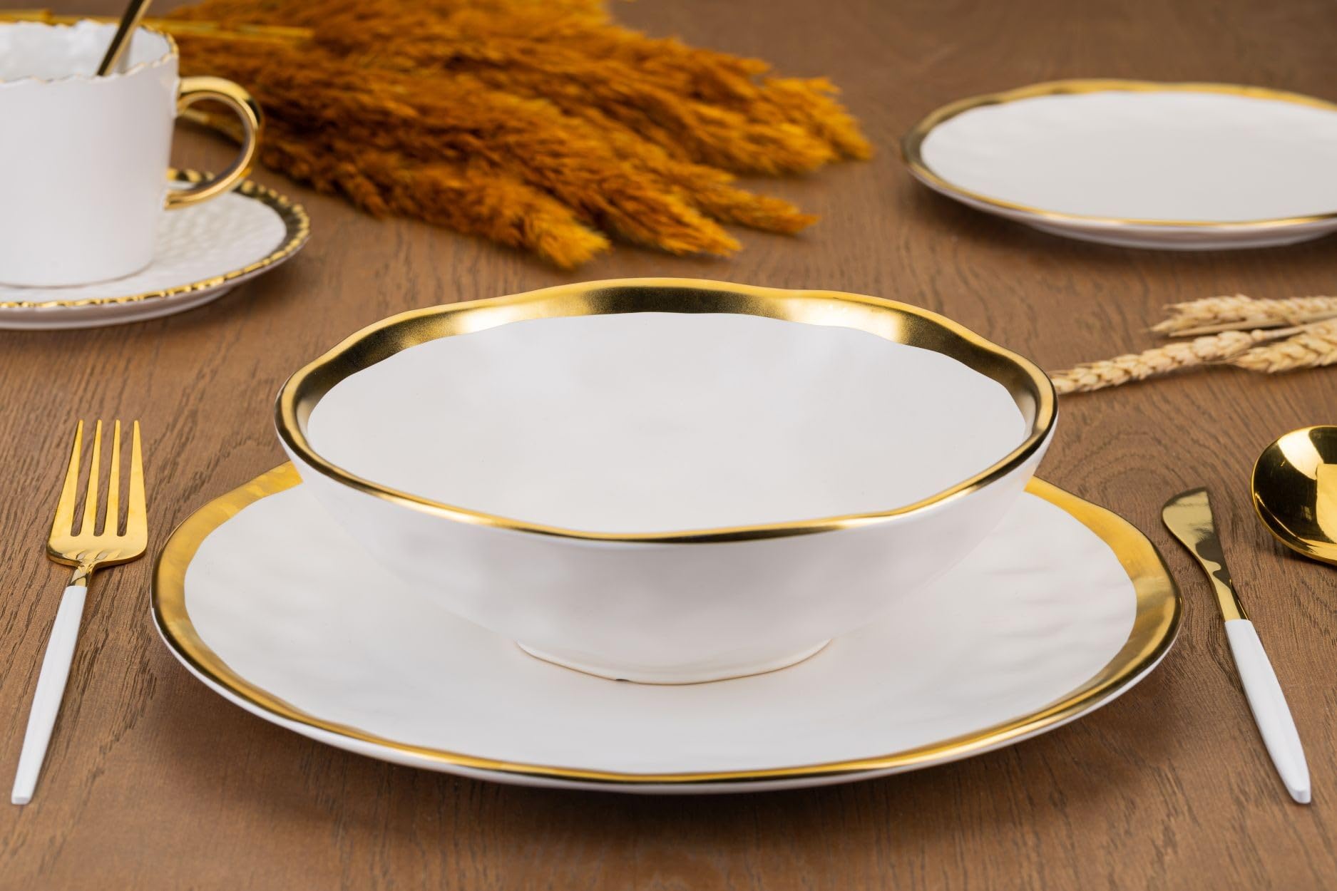 Keramik Geschirr Set 8 Personen | Weiße Teller 27 cm Ø und Schüssel 20 cm Ø | Modern Geschirr & Serviergeschirr | 4x Essteller und 4x Tiefe Suppenteller