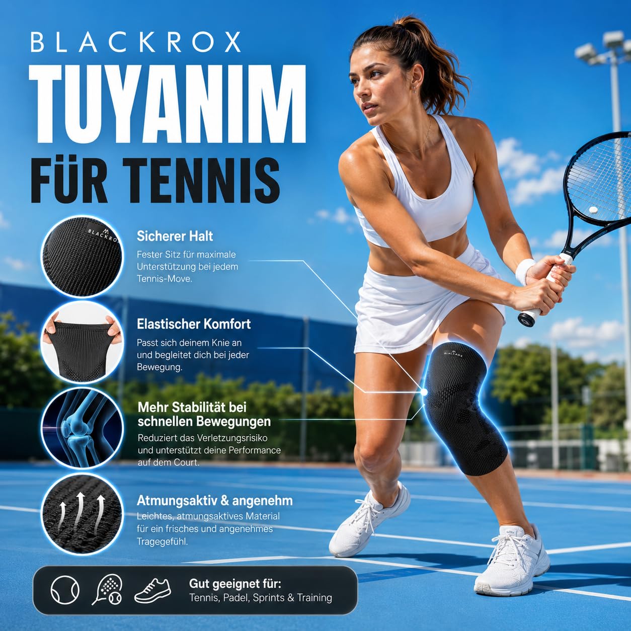BLACKROX Kniebandage TUYANIM Sport Kraftsport Damen Herren Silikonring leicht Patella Gel Polster Feder Stabilisatoren Volleyball Fussball Laufen Knieschoner Kompression Männer Frauen (XL)