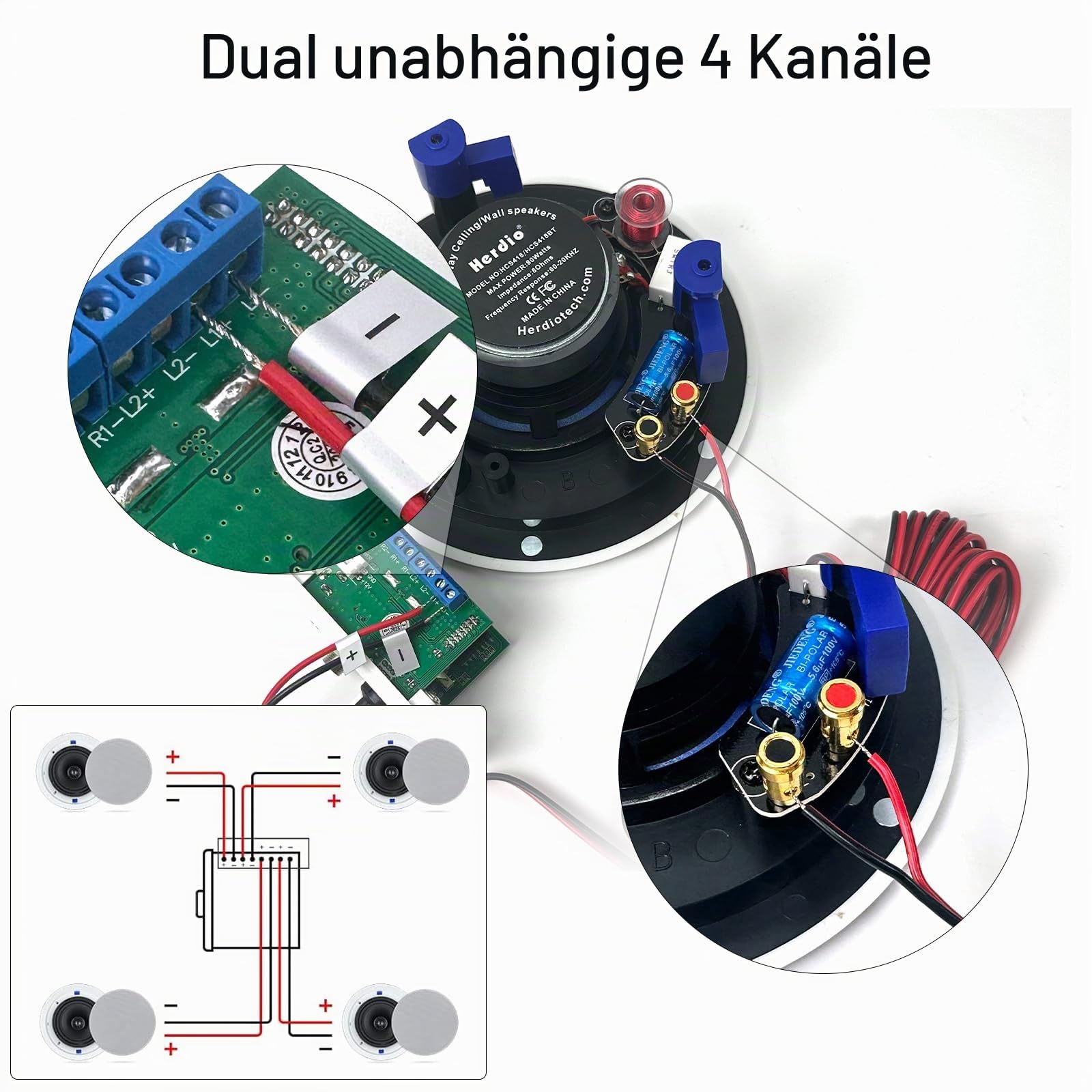 Herdio Bluetooth-Wandverstärker, 4 Kanäle, Lautstärkeregler, Wandplatte, USB/MIC/AUX (3,5 mm) Eingänge, verbinden 4 Lautsprecher