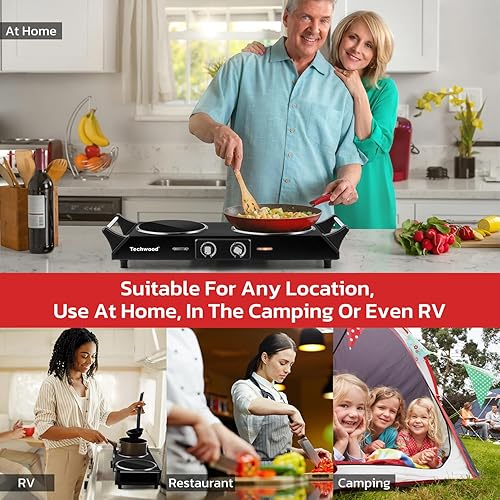 Miniatura 3 de Placa caliente, estufa eléctrica Techwood de 1800 W, quemadores dobles de encimera para cocinar, cocinas dobles de cerámica infrarroja, acero