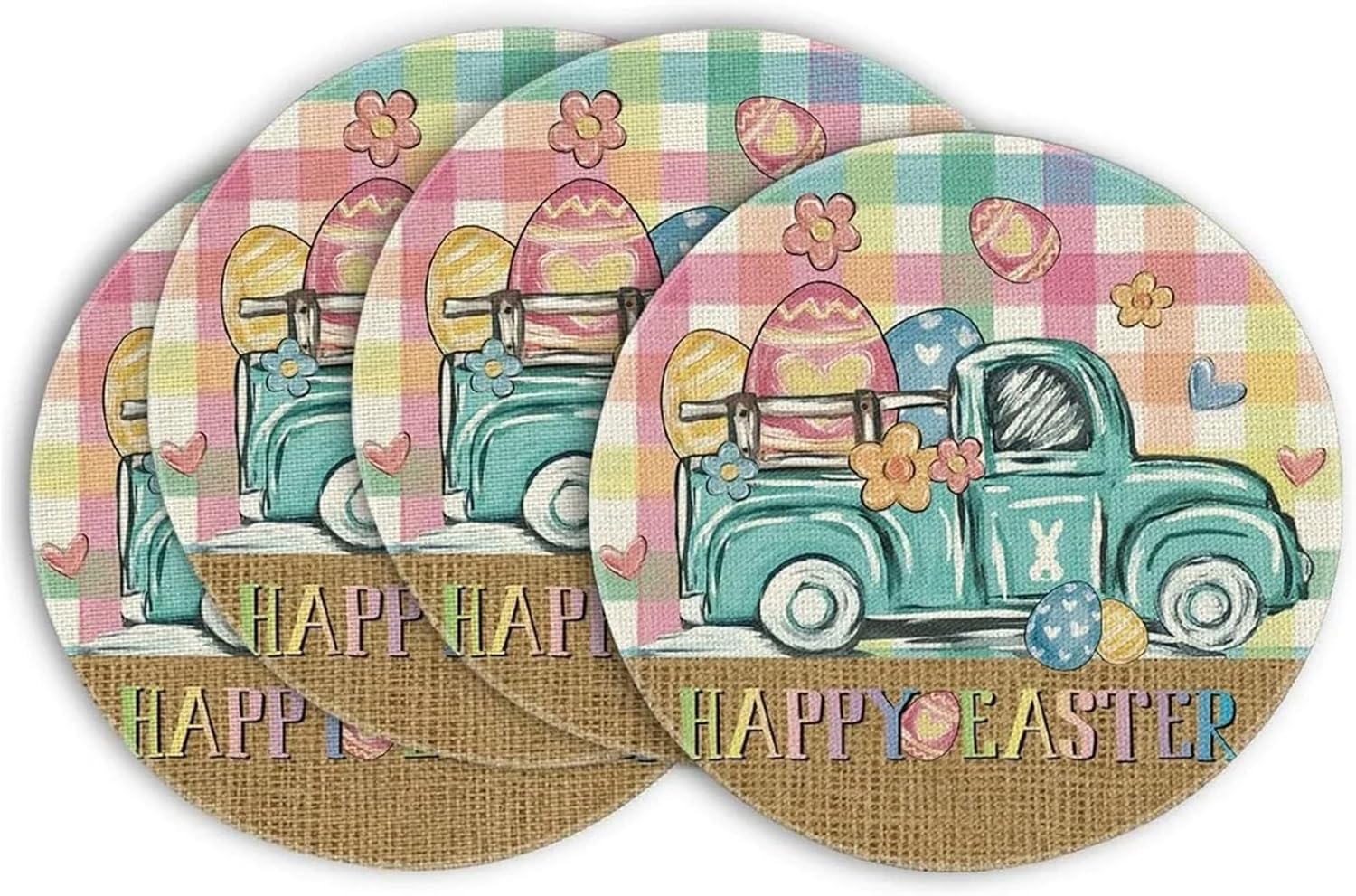 Bunny Rabbit Flower Easter Placemats Set of 4, 14 Inch Spring Holiday Round Table Mats for Dining Decoration(6)
