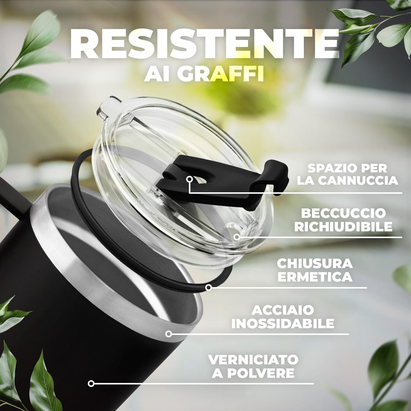 Maverton Tazza termica con manico e cannuccia 600 ml - Borraccia termica con cannuccia - Tazza personalizzata acciaio inox - Bicchiere termico con incisione nero - Idee regalo donna compleanno