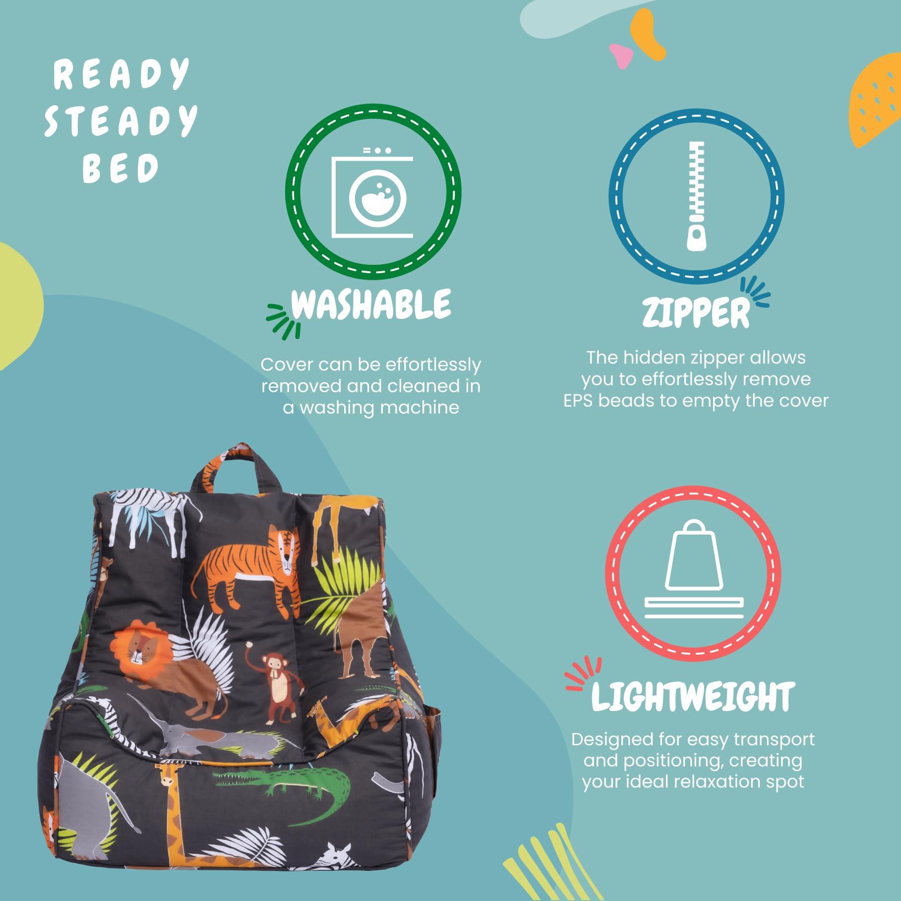 Ready Steady Bed Poltrona a sacco per bambini, con poggiapiedi, poltrona morbida, comoda e sicura per la stanza dei giochi, design ergonomico, mobile comodo per bambini (Africa)