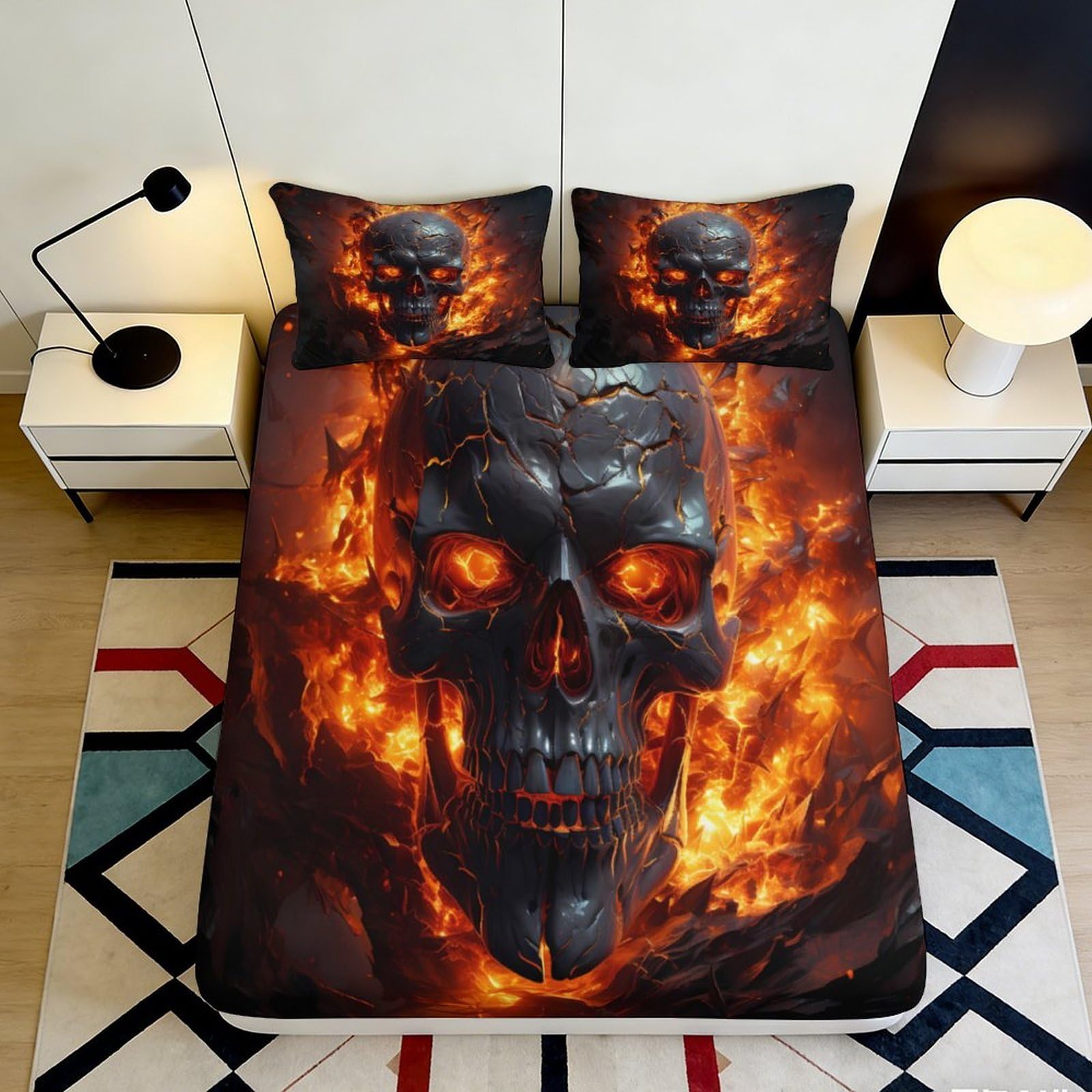 3D Printed Flaming Skull Fitted Sheet Microfiber Non-Slip Deep Pocket Bedroom Bedding Skull Mattress Fitted Cover for Adults 160x200x25cm