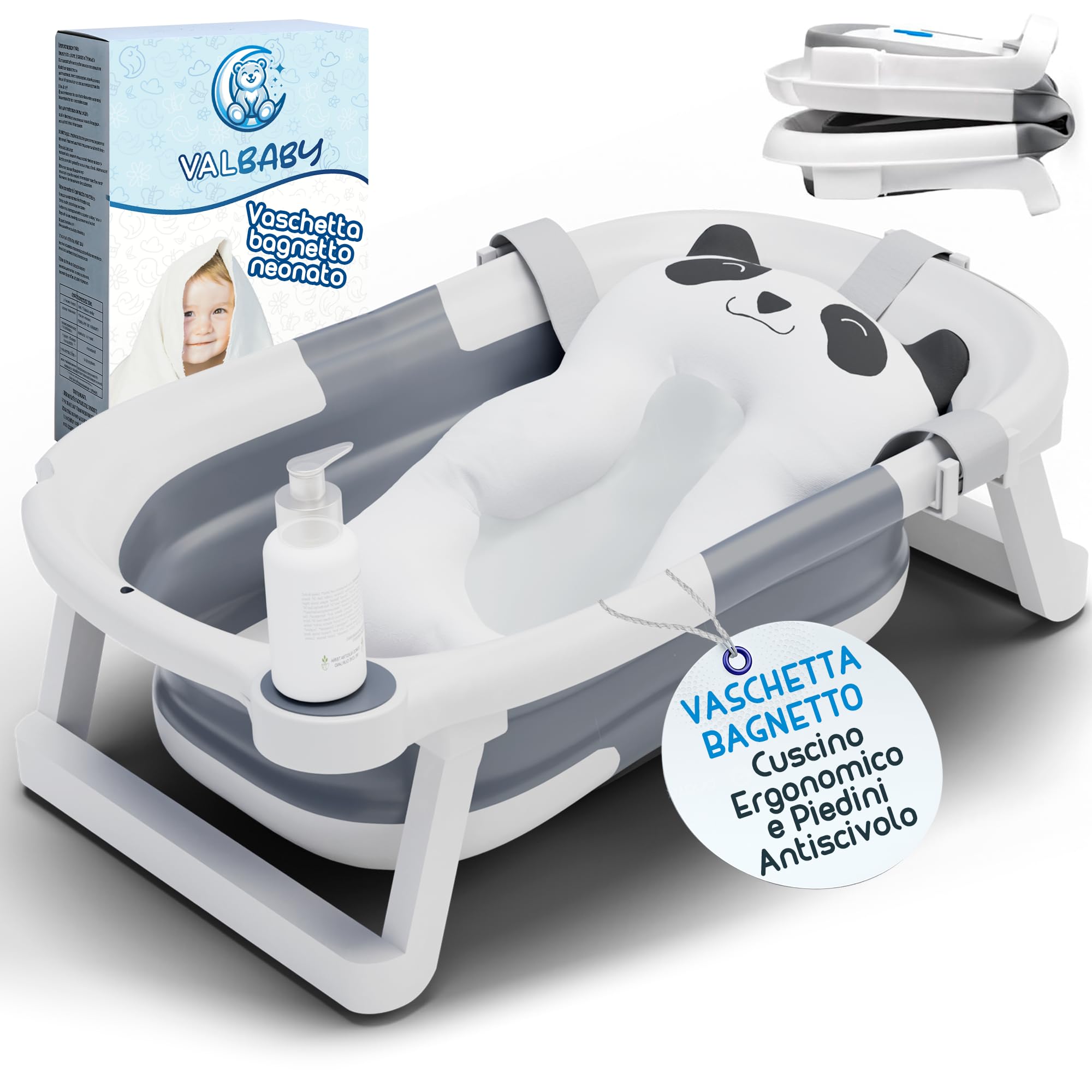 Vaschetta Bagnetto Neonato Pieghevole 0-3 Anni con Cuscino Antiscivolo Ergonomico - Vasca da Bagno Neonati Portatile e Compatta Facile da Pulire Bambini 0-3 Anni - Baby Bath Tub Sicuro | VALBABY