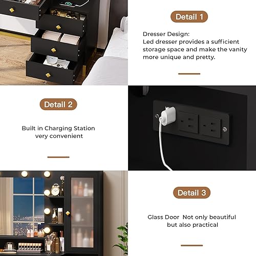 Miniatura 7 de Tiptiper Tocador de maquillaje grande con luces, mesa de tocador con estación de carga, escritorio con espejo y 10 bombillas LED, mesa de maquillaje