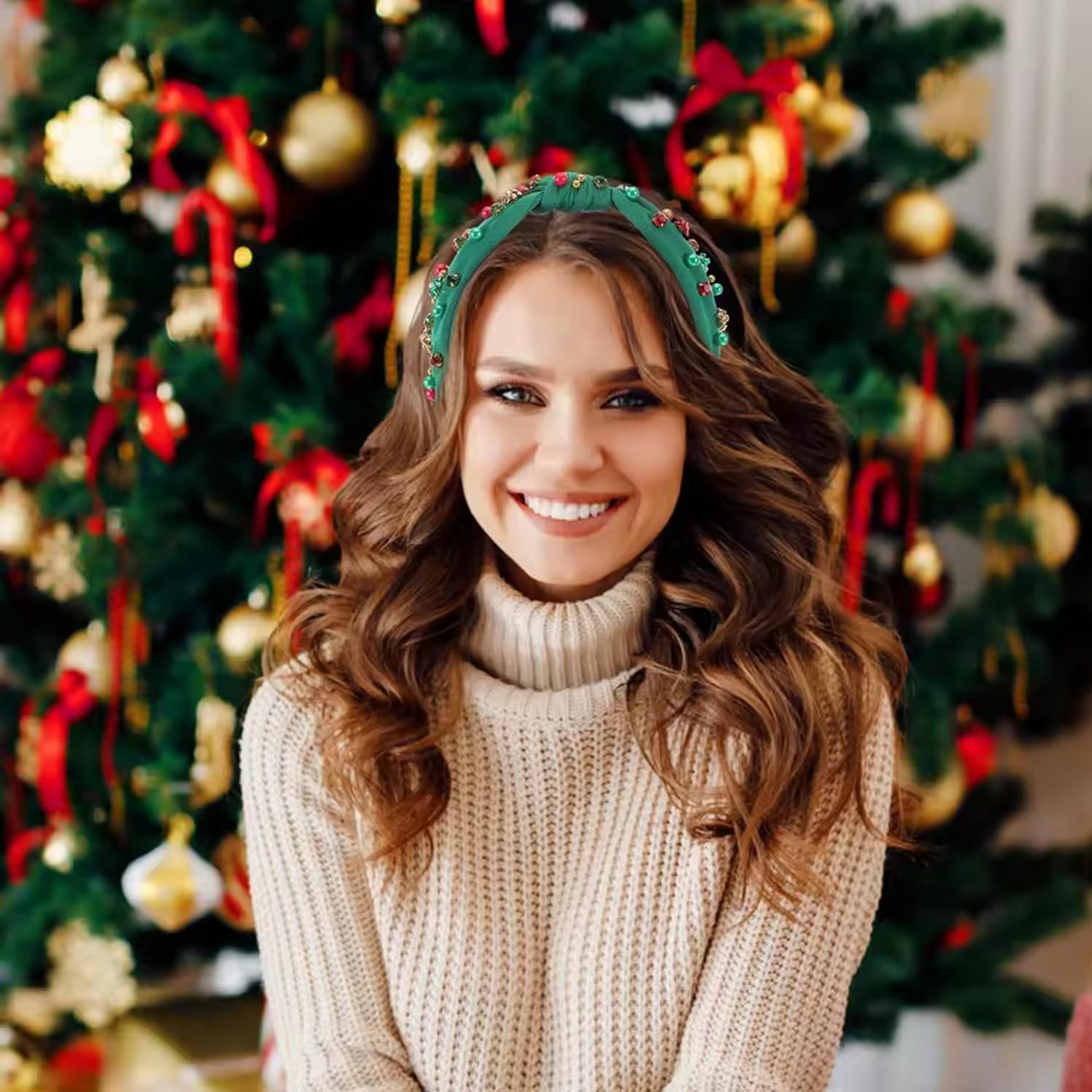 2Pcs Christmas Headband for Women, Pearl Knotted Headband Xmas Red Green Pearls Rhinestone Crystal Jeweled Hairband Fashion Ladies Wide Top Knot Hair Bands Headpiece Accessories Holiday Outfits Gifts - Image 2