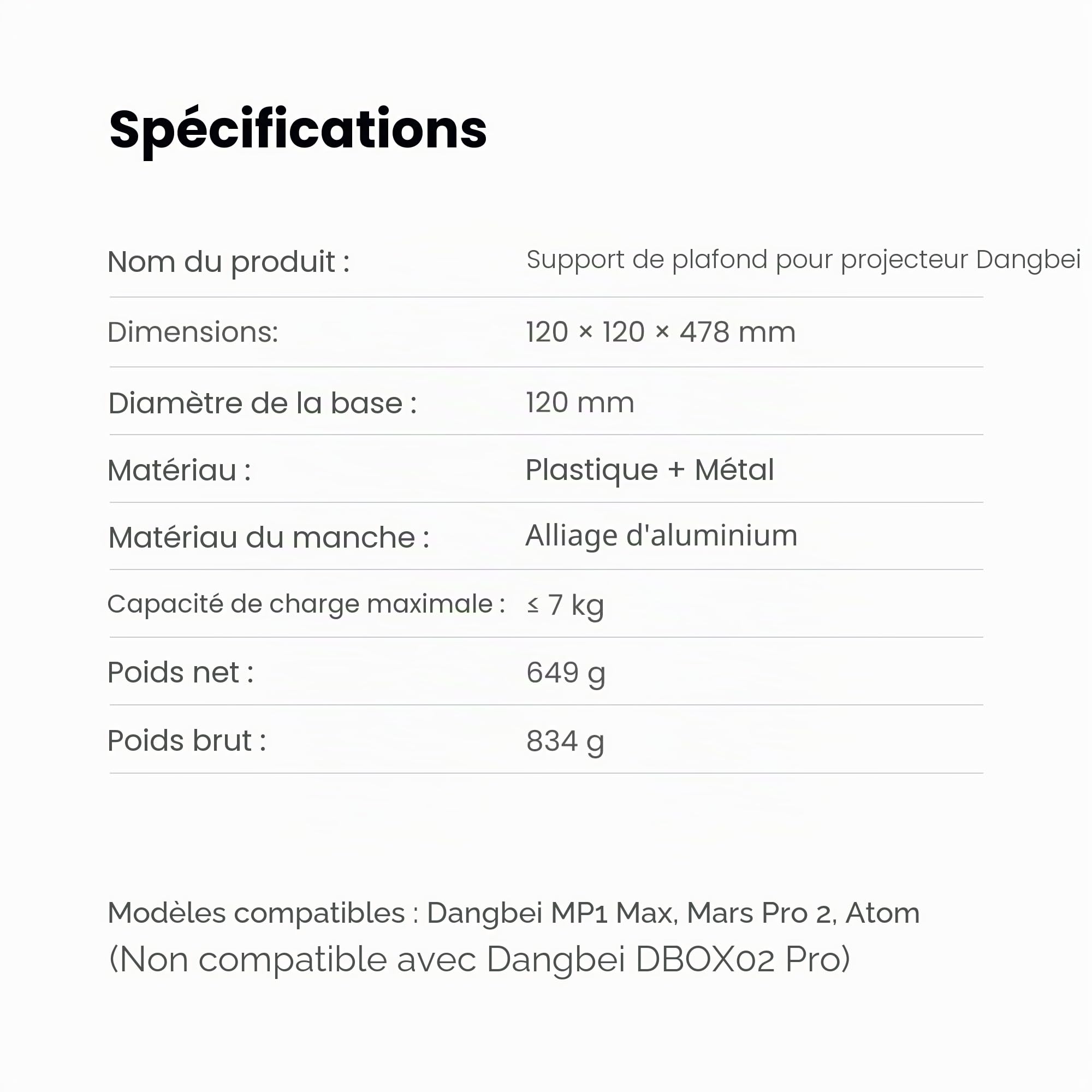 Dangbei Support Plafond pour Projecteur, Hauteur réglable de 3,9 à 15,7 Pouces, Support de projecteur, vis 1/4", Compatible avec DBX3 Pro, DBOX02, MP1 Max, Atom, N3 Max (Non Compatible DBOX02 Pro)