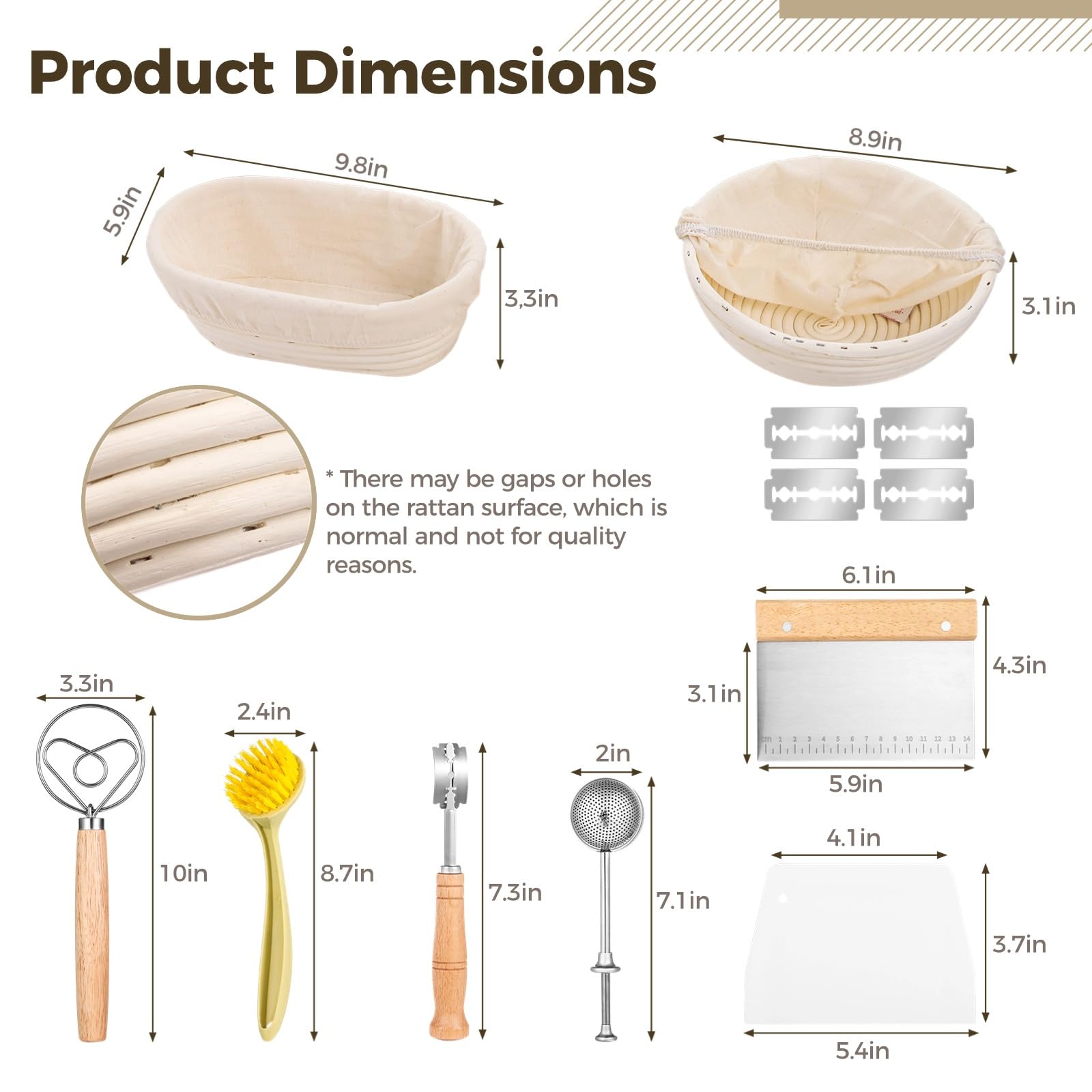 Banneton Brot Gärkörbe Set, 9 Zoll runder und 10 Zoll ovaler Backkorb mit Bäckerlame, dänischem Schneebesen, Teigschabern, Sieb und Reinigungsbürste, Sauerteig Werkzeugset, Brotbackwerkzeuge