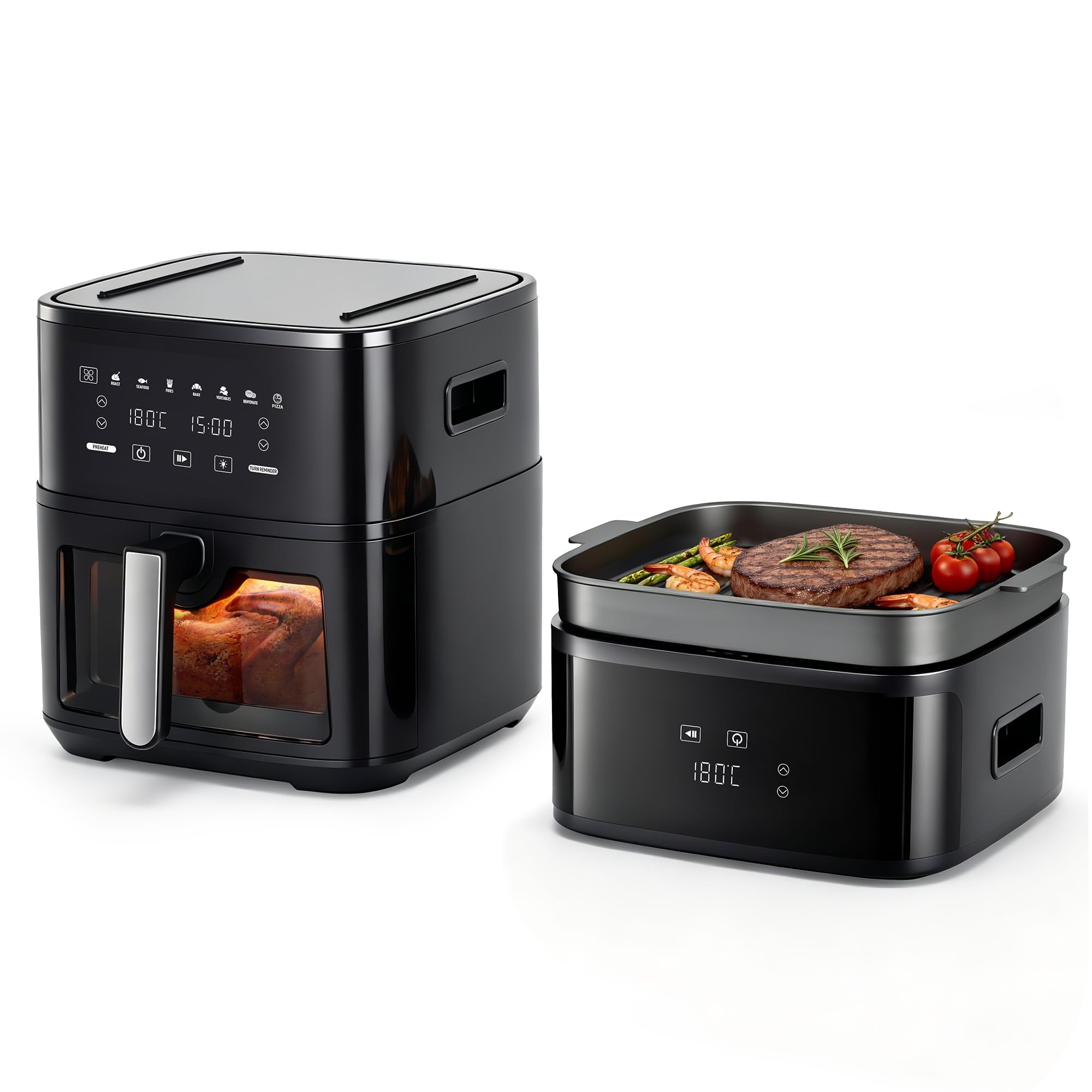 Heißluftfritteuse 8L Fassungsvermögen, 7 voreingestellte Kochprogramme, 2-in-1 Airfryer & Elektrogrill, Fettarmes Kochen ohne Öl, Digitaler Touchscreen, 1650W, Schwarz