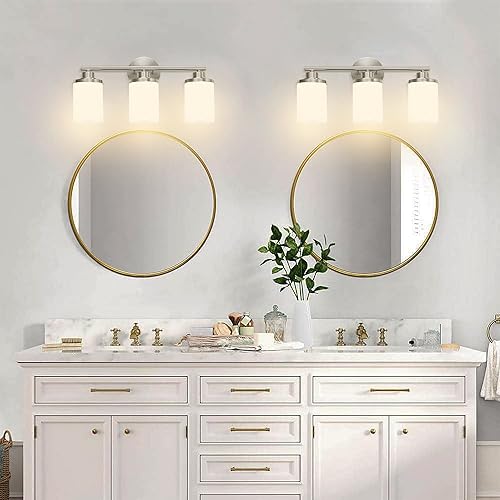 Miniatura 6 de Lámparas de baño de níquel cepillado, luces de tocador de níquel de 3 luces, luces de baño sobre espejo, apliques de pared modernos con pantallas de