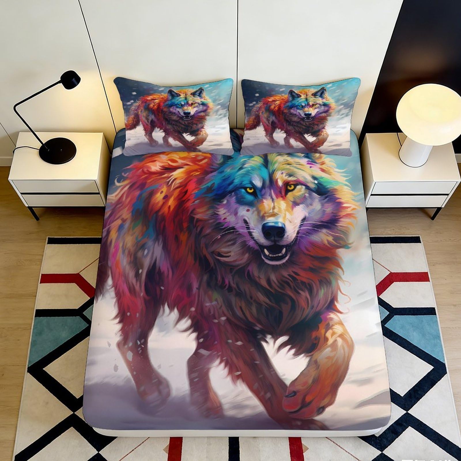 3D Printed Colorful Wolf Fitted Sheet Microfiber Soft Breathable Rainbow Wolf Mattress Cover for Bedroom Dorm Decor 200x200x25cm