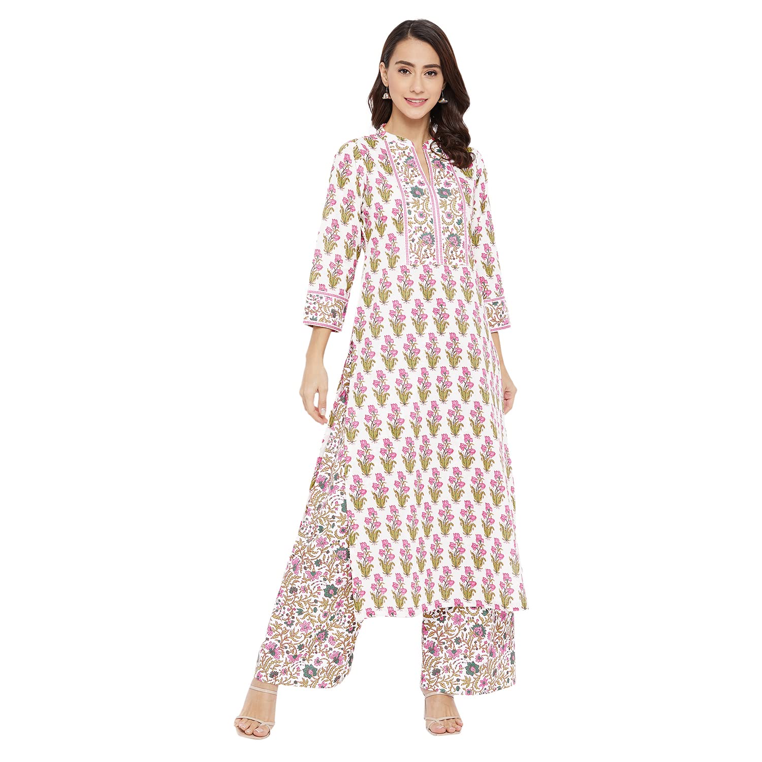 Tissu Women's Cotton Cream Floral Printed Kurta With Palazzo (Tis-604_Cream_M)