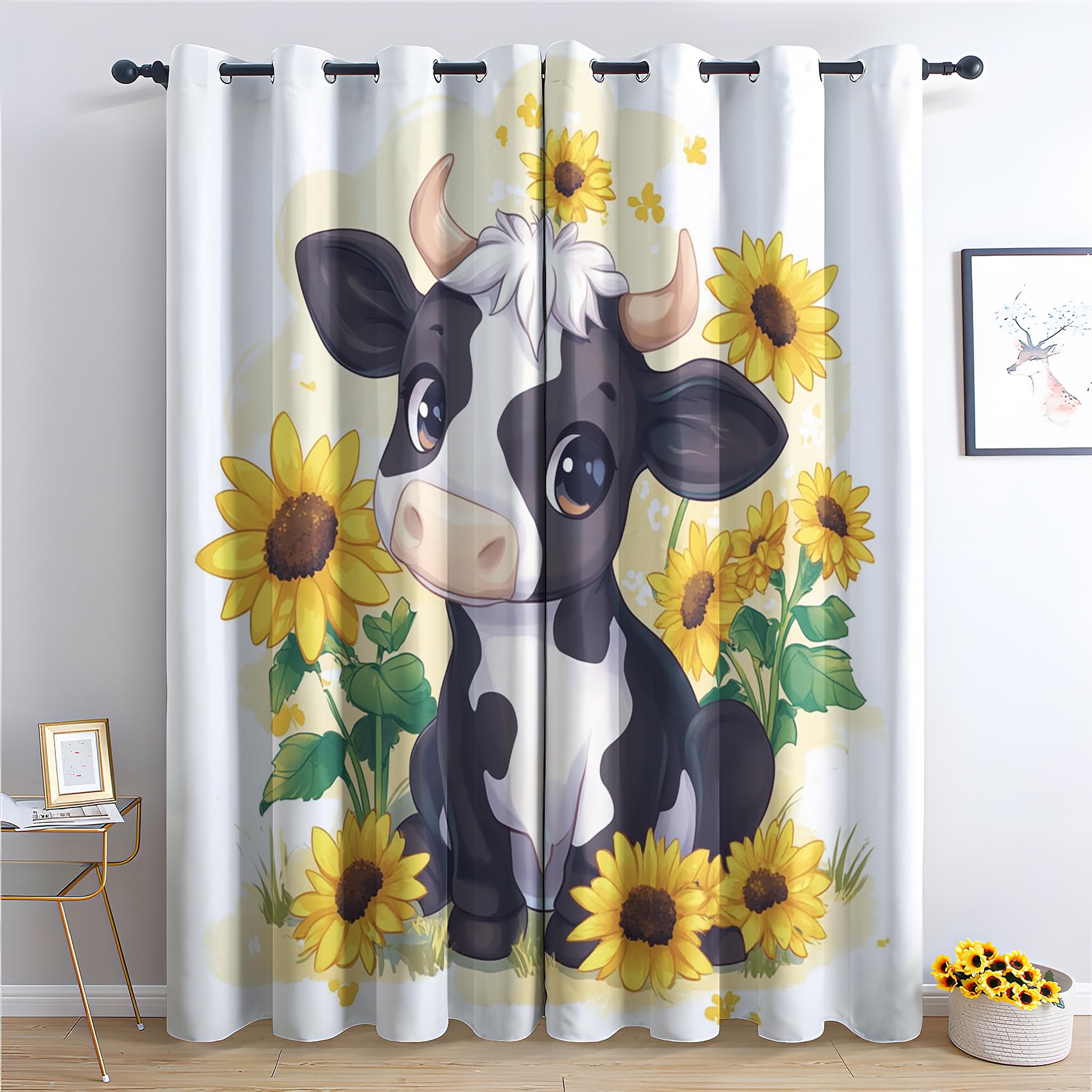 Venivici Cow Blackout Curtains for Bedroom Living Room - 108 Inch Drop Curtains Eyelet, Kids Farm Animal Sunflower Patterned Window Treatments, Thermal Insulated Drapes 90x108 2 Panels