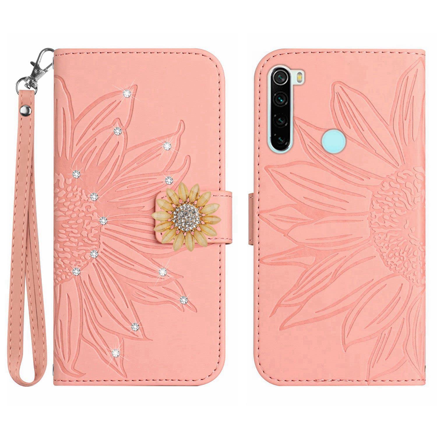 VQWQ Cover per Xiaomi Redmi Note 8 Pro, Premium Custodia Portafoglio in Pelle PU Girasole in Rilievo Slot per Schede Libro Supporto Antiurto Chiusura Magnetica Cavalletto Flip Case per Donna-[HX]-Grey
