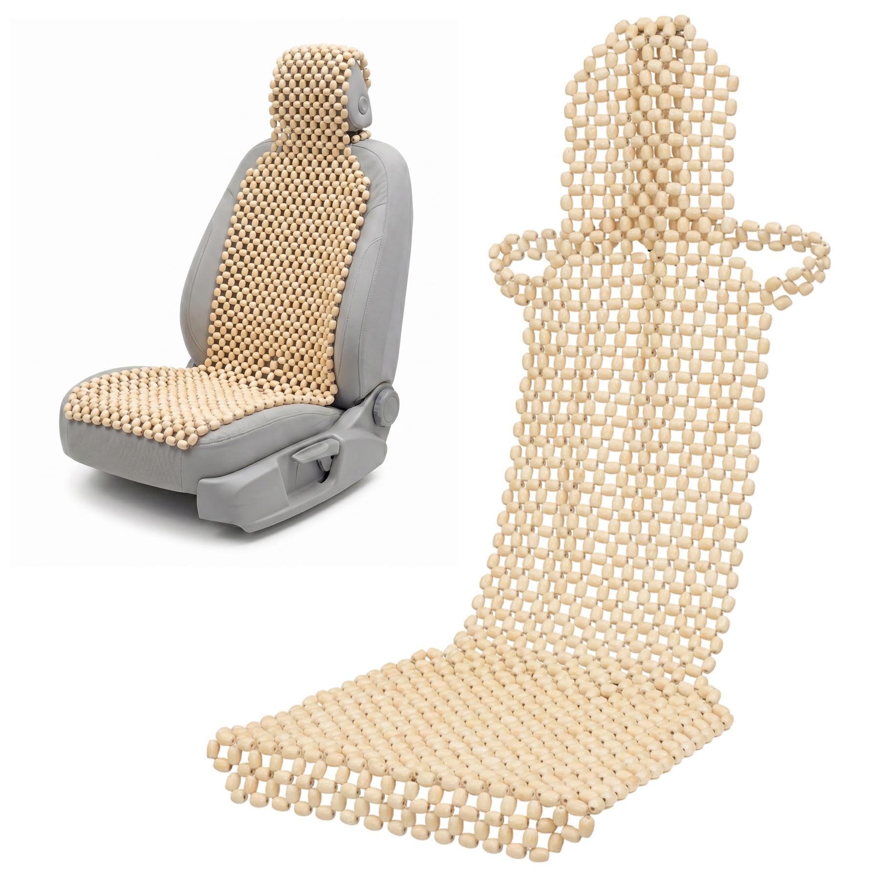 NOVECRAFTO Autositzbezug mit Holzperlen und Kopfstütze – Naturholzperlen-Massagegerät für Auto, Van, LKW & Taxi – atmungsaktives kühlendes Sitzkissen – universelle Passform – 143 x 50 cm – Weiß