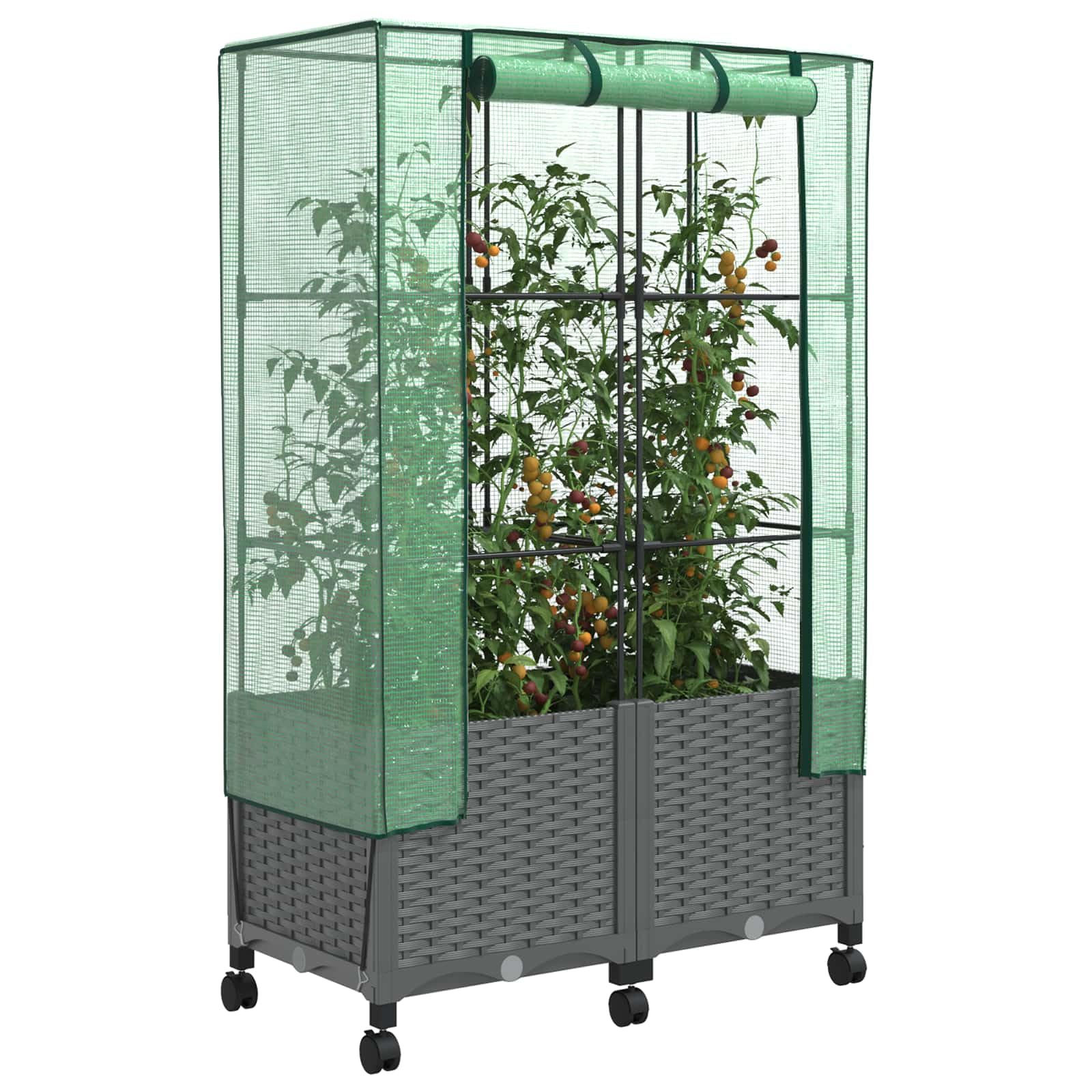 Gartenplanter mit Gewächshausabdeckung und Rädern 2 Stk. PP Rattanoptik