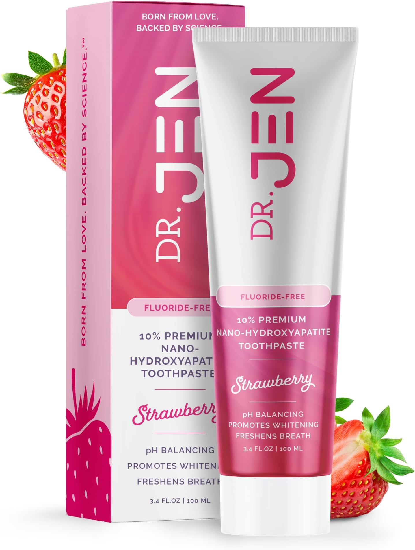 Dr. Jen Fluoride Free Toothpaste with 10% Premium Nano Hydroxyapatite, Xylitol & Glycerin, Remineralizing Daily Oral Care for Sensitive Teeth, Travel Essentials, Strawberry, 1 Pack