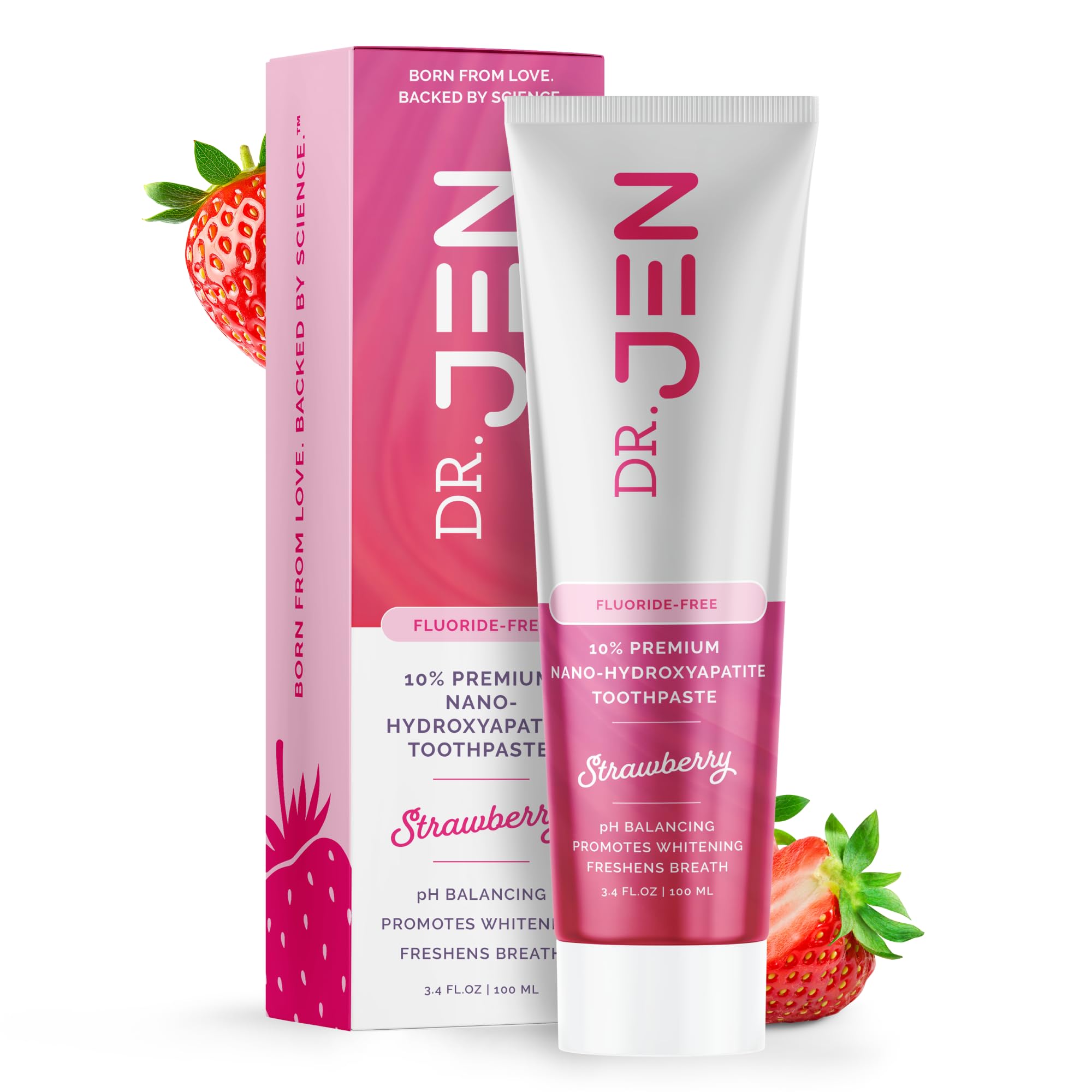 Dr. Jen 10% Nano Hydroxyapatite Toothpaste, Fluoride Free with Xylitol, Strawberry, SLS Free, Dentist Designed, Essential Oils, Fresh Clean Feel, 1 Pack