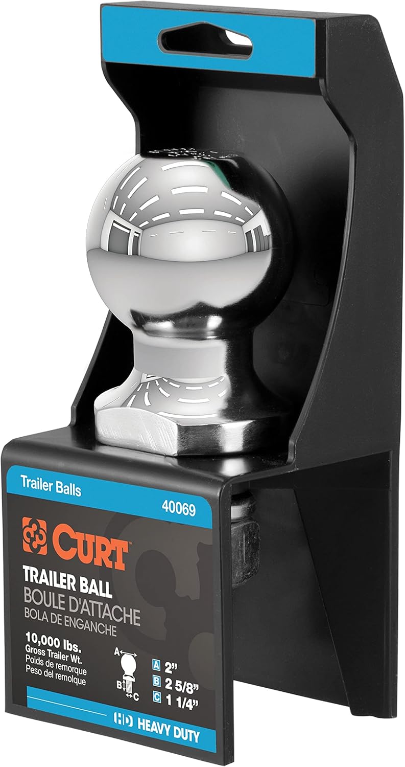 CURT 40069 2-Inch Chrome Trailer Hitch Ball - 10,000 LB Capacity, 1-1/4" Shank, Rust-Resistant for Trucks & SUVs