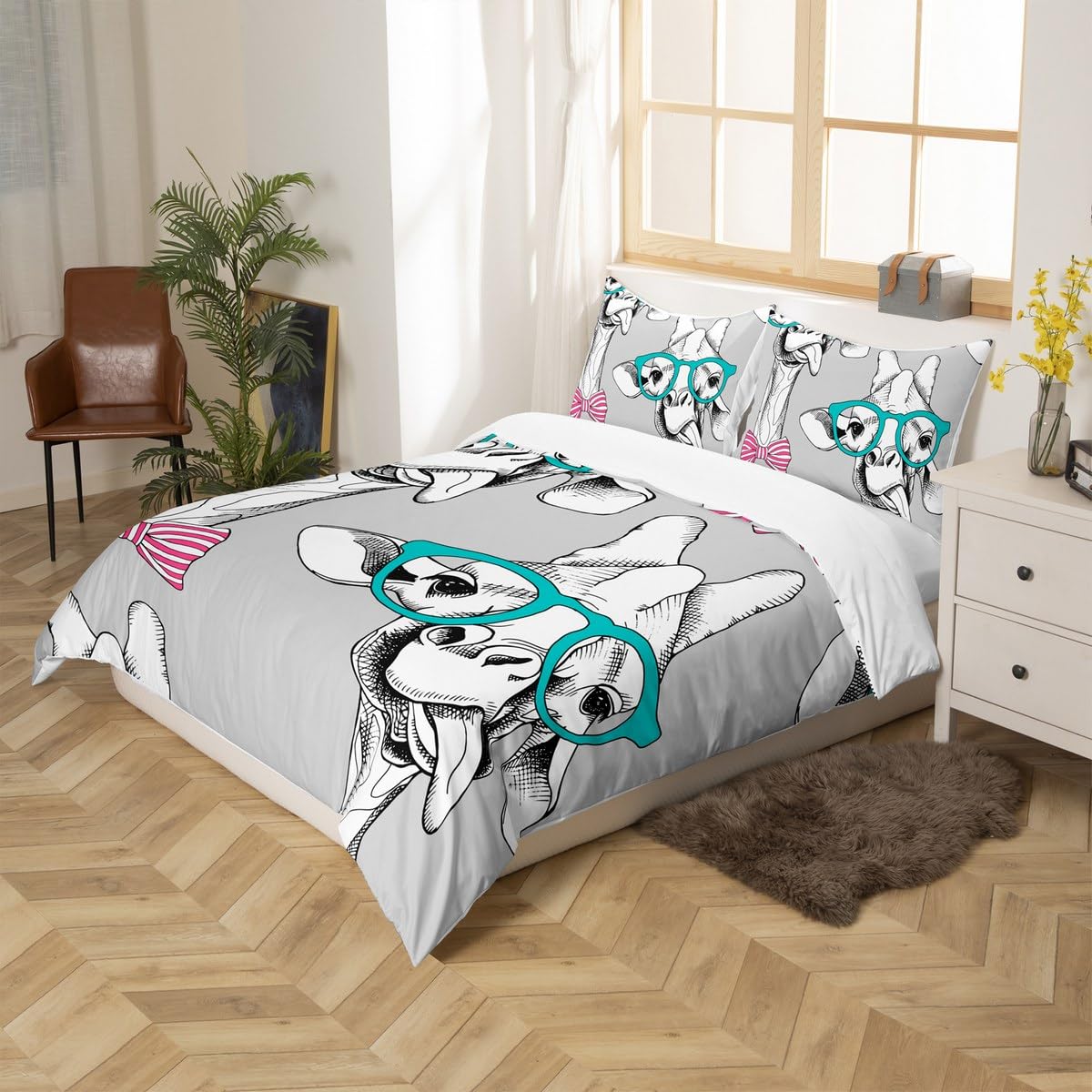Loussiesd Giraffe Bedding Setfor Girls Girly Cute Animals Duvet Cover,Lovely Bow Deer Comforter Cover Child Kids Bedroom Quilt Cover Ultra Soft Microfiber Funny Gift Decor 2 Pcs Junior/Cot Bed - Image 3