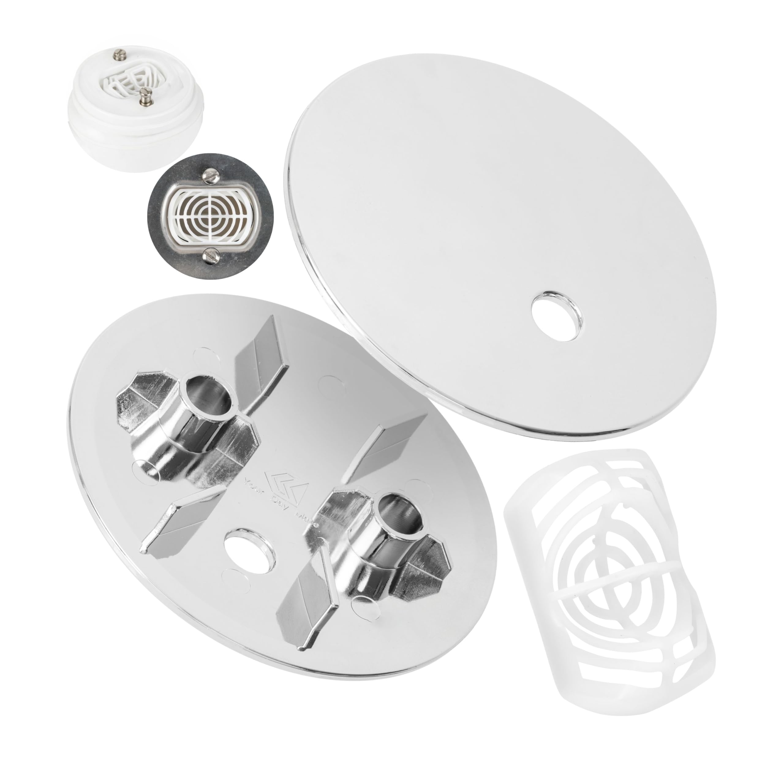Set di copertura con filtro per capelli per scarico doccia, Ø 90 mm, compatibile con piletta Viega Domoplex, copertura in ABS ASA cromato, inserto filtro per capelli doccia, tappo di scarico doccia