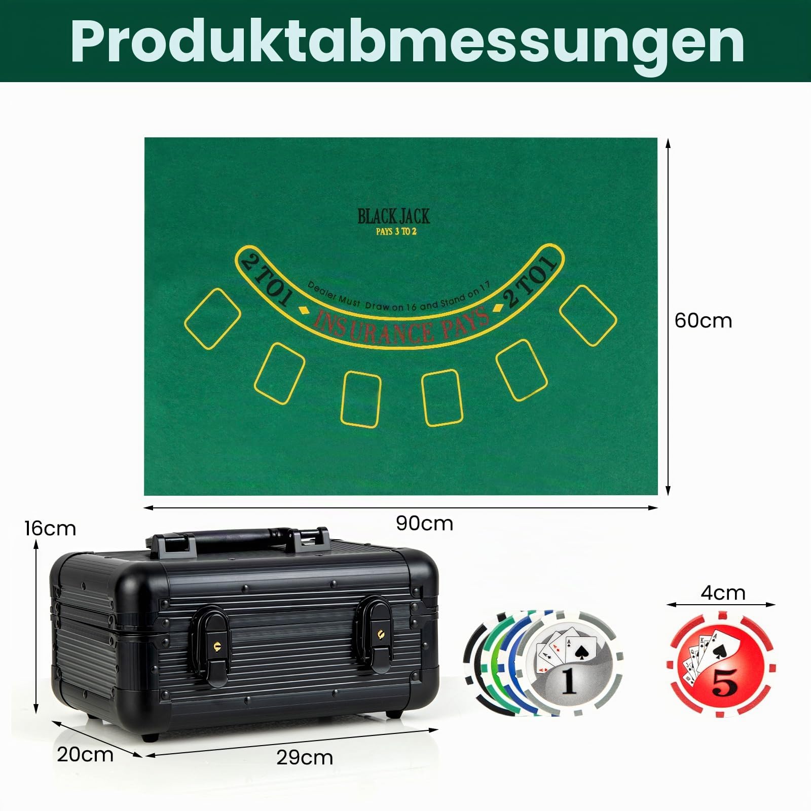 HOMASIS Profi Pokerset mit 300/400 Pokerchips, Pokerkoffer mit Matte, 2 Kartendecks, 5 Würfeln, 1 Dealer Button, Aluminiumkoffer abschließbar, Kasino Poker Set für Texas Hold'em Blackjack (300 Chips)