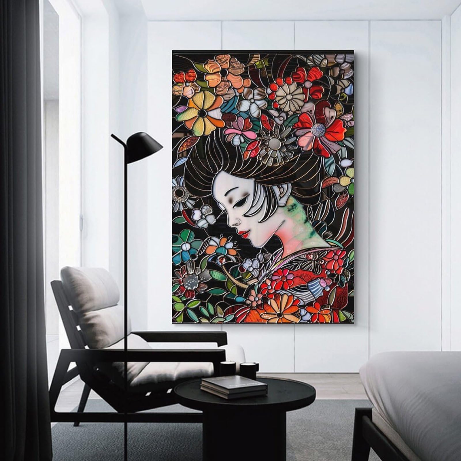 Junmoney Unframe-Style-9 Stained Glass Geisha Wall Picture Print, 24X36inch(60X90cm), For New Homes, Bedrooms Or Workspaces, Thoughtful Wall Decor For Art Lovers