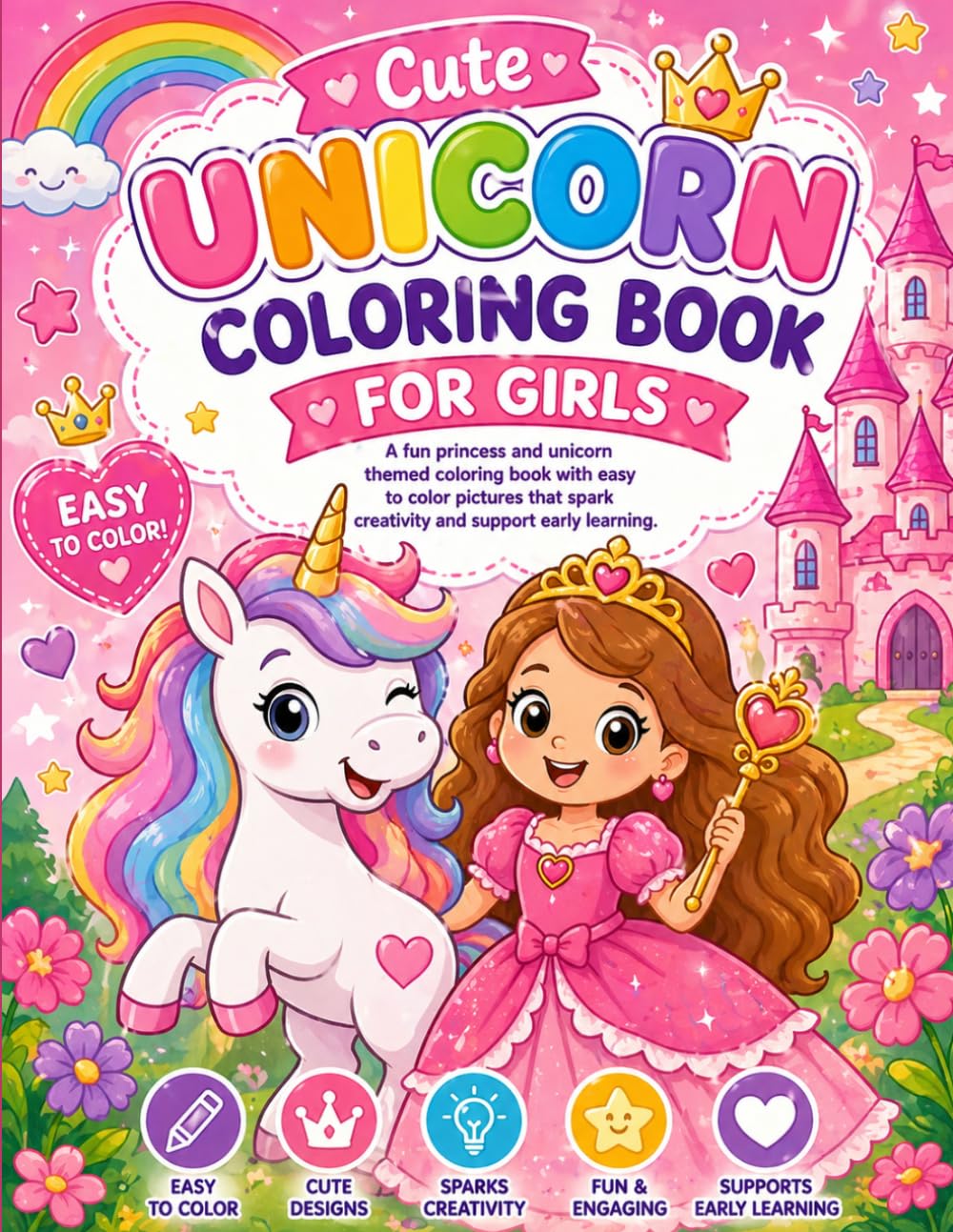 Cute Unicorns Coloring Book for Girls: Magical Unicorns, Rainbows & Princess Fun - Coloring Pages for kids Ages 4-8, Creativity & Imagination Boost