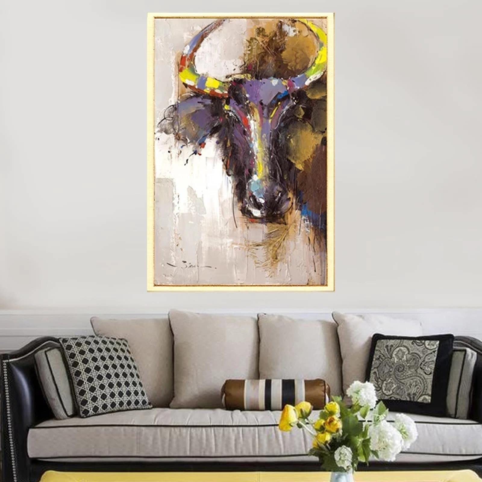 Art mural coloré tête de taureau sur toile de qualité avec cadre intérieur