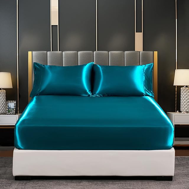 JHCHMX Satin Fitted Sheet Bed Sheets Teal Double,Deep Pocket(35cm)Satin Sheets Soft and Breathable Non-Iron Good for Hair and Skin,Fitted Bedding Sheets Double Fitted Sheet Only(Teal,Double)